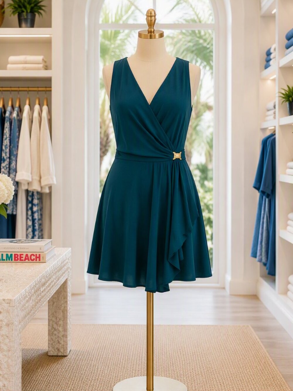 Teal Tummy Control Slimming  One-Piece Swim Dress